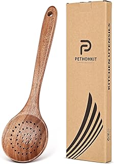 Wooden Cooking Utensil, Teak Slotted Spoon for Cooking, Natural Wood Colander Ladle Spoon with Holes, Long Handle Teak Skimmer Strainer Spoon with Teeth for Straining Draining Egg Meat Noodles,11.2″