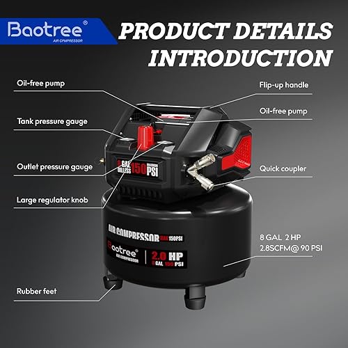 Miniatura 4 de Compresor de aire portátil de 8 galones, tanque de compresor de aire libre de aceite máximo de 150 PSI, motor de 2 HP 2.8 SCFM a 90 PSI, compresores