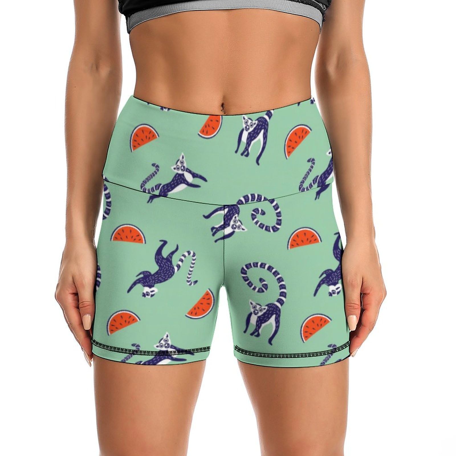 JYYAU Cute Lemurs Pattern High Waist Yoga Shorts for Women Athletic Shorts Leggings Running Pants Black