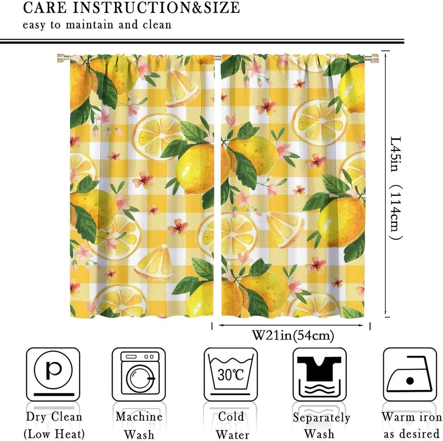 Watercolor Lemon Curtains, Summer Lemon Floral Natural Fruit Themed Yellow Lattice Print Design, Bedroom Living Room Blackout Noise Reduction Curtains, 2 Panel Set,42X45 Inch