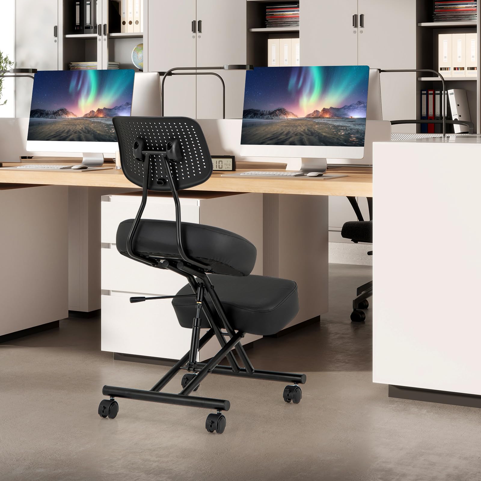 COSTWAY Chaise à Genoux Ergonomique avec Dossier, Siege Assis Genoux Réglable, Tabouret Bureau Orthopédique avec Roues Universelles Verrouillables, Correcteur de Posture Confortable, Noir