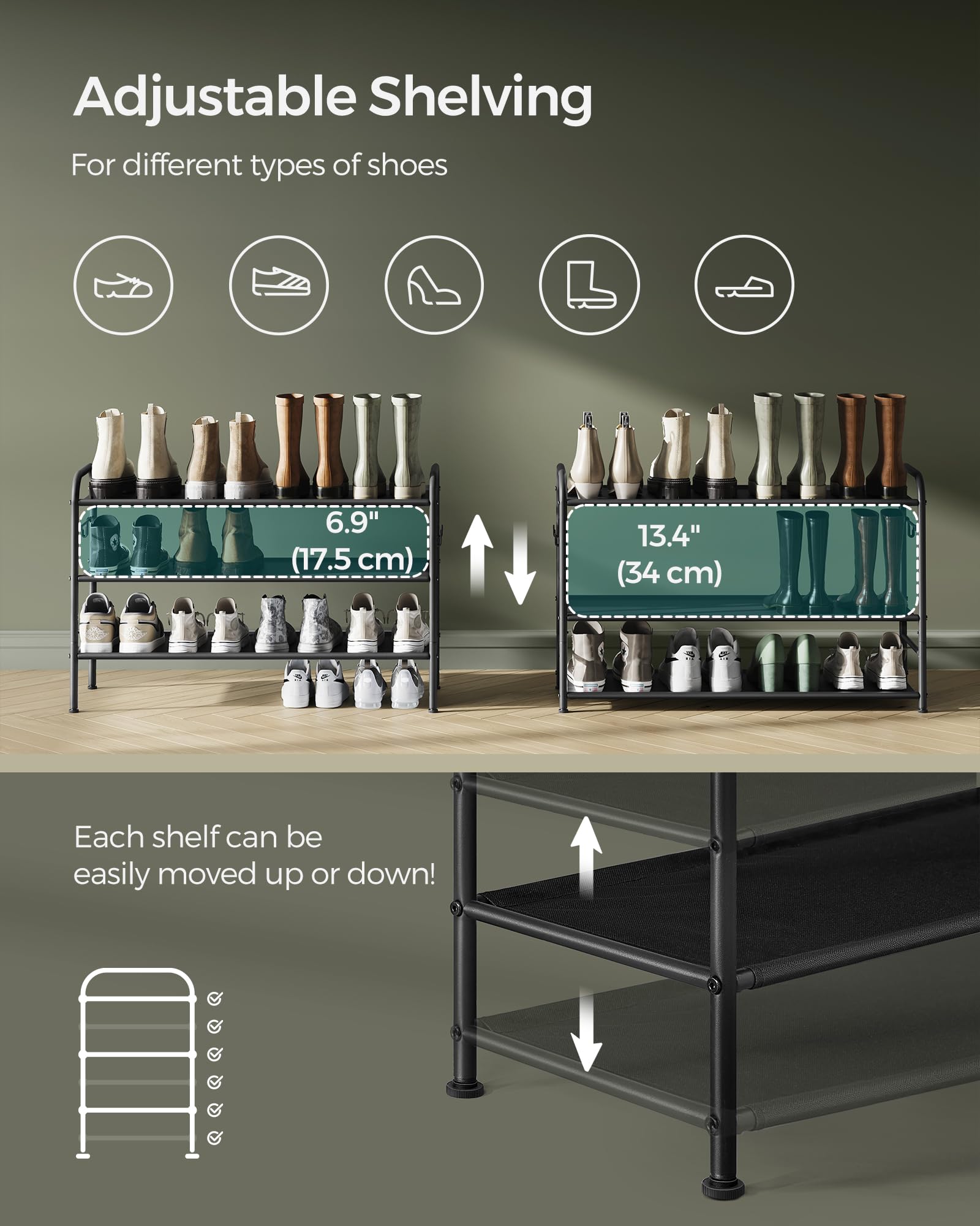 SONGMICS Shoe Rack, 3-Tier Shoe Organiser, Fabric Shoe Shelf Storage with 4 Hooks, Holds up to 15 works of Shoes - Image 3