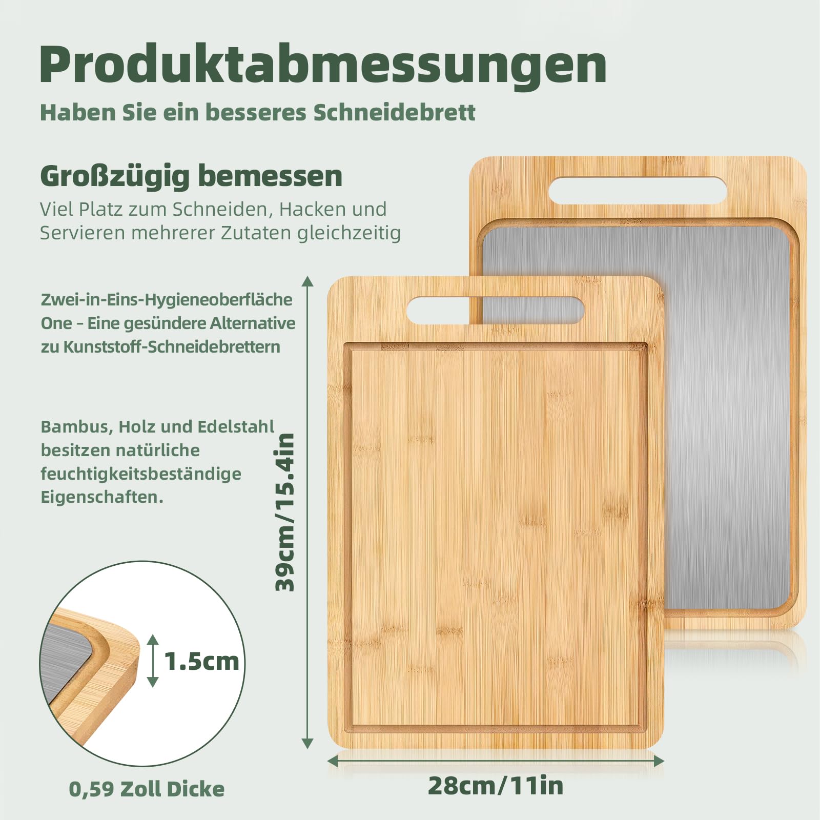 Mittimiya Tabla de cortar 2 en 1 de doble cara de bambú y acero inoxidable 304, tabla de cortar grande antideslizante con ranura para zumo, duradera y fácil de limpiar para carne, verduras y frutas