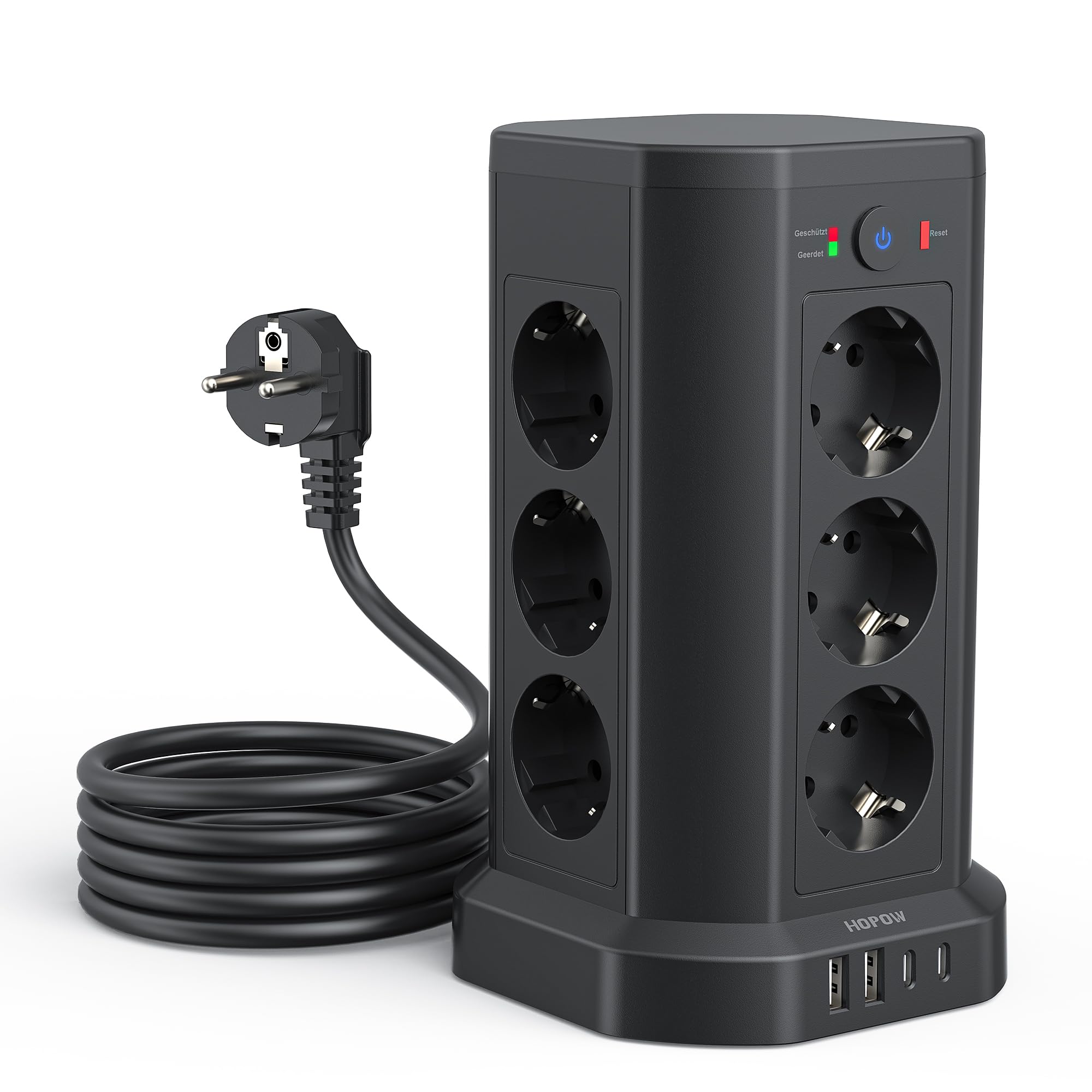 12-Fach Steckdosenturm mit Überspannungsschutz 1050J, Steckdosenleiste mit 4 USB-Ports(3680W 16A), 2 m Verlängerungskabel, Mehrfachsteckdose mit Schalter, Steckerleiste für Zuhause und Büro