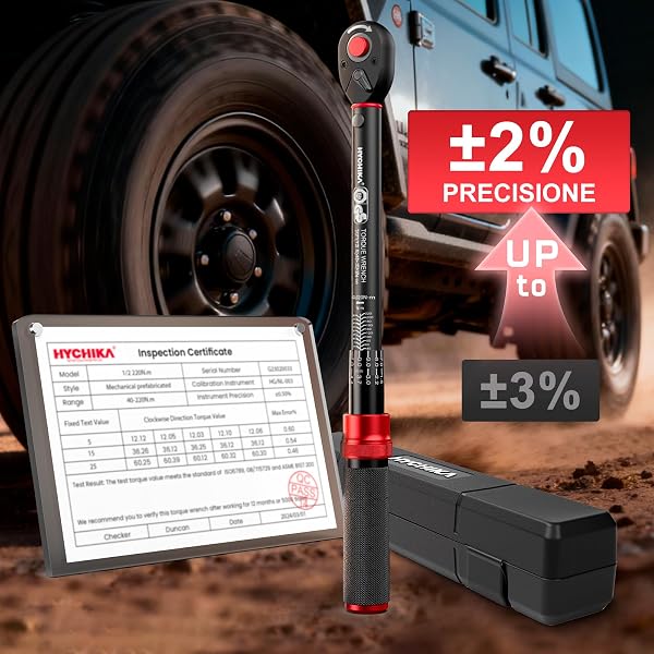 HYCHIKA Chiave Dinamometrica 1/2" 40-220 Nm - Precisione ±2%, 72 Denti Doppio Senso, Sistema Click, con Adattatore 3/8", Prolunga e Bussole (17, 19, 21mm). - 2