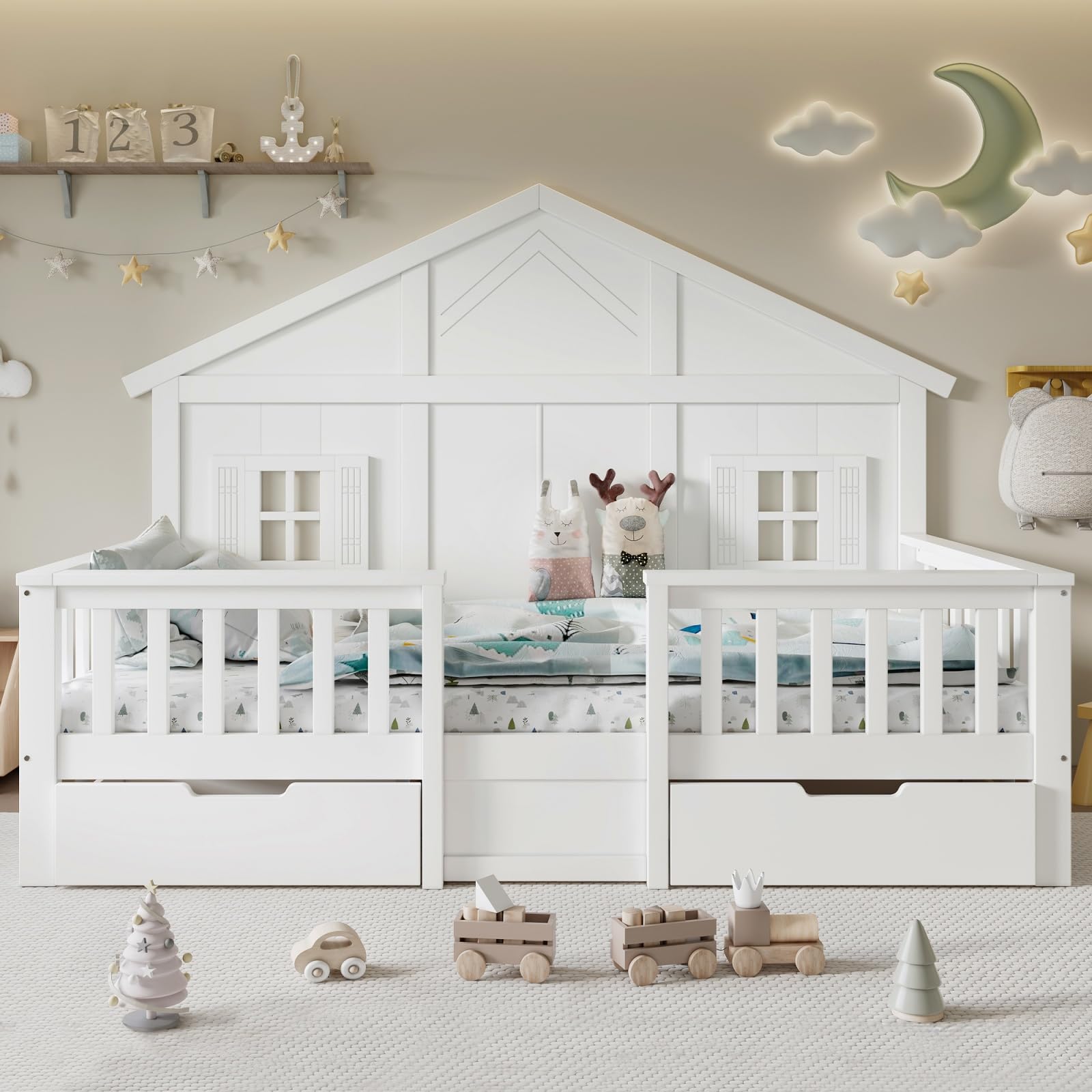 Sweiko Lit pour Enfant de 90 x 200 cm, Cadre de lit en Bois Massif avec barrières de sécurité, tiroirs à roulettes et décor en Forme de Maison, sans Matelas