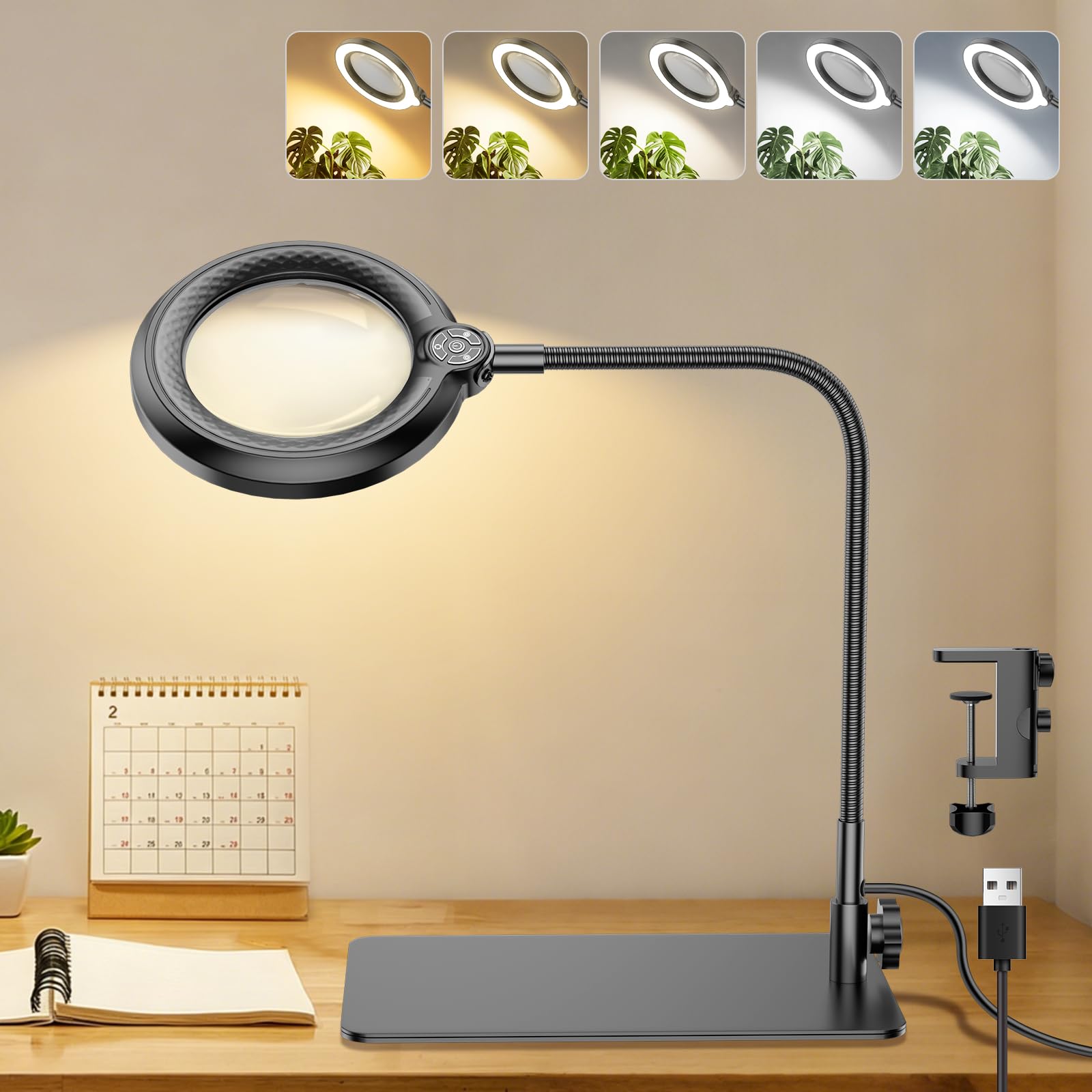 30X 10X Magnifying Glass with Light and Stand, 90 LED 5 Color Modes Stepless Dimmable, Hands-Free Lighted Magnifying Glass Desk Lamp for Close Work Craft Hobby Painting Sewing Jewelry Reading, Square