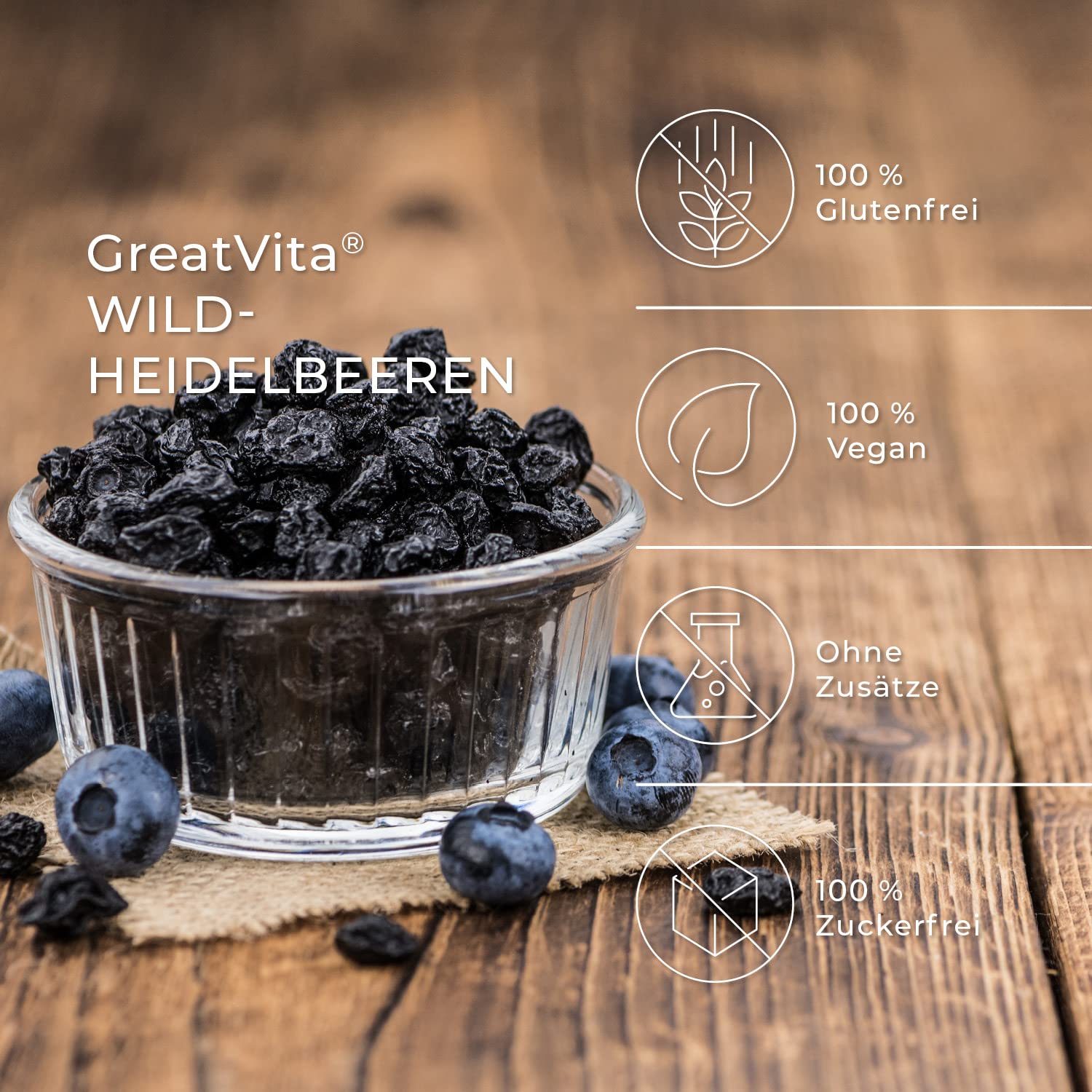 GreatVita Wildheidelbeeren gefriergetrocknet 500g - ganze knusprige Waldheidelbeeren ohne Zuckerzusatz - gefriergetrocknete Früchte - Freeze-Dried Wild Blueberries - Snack & Topping