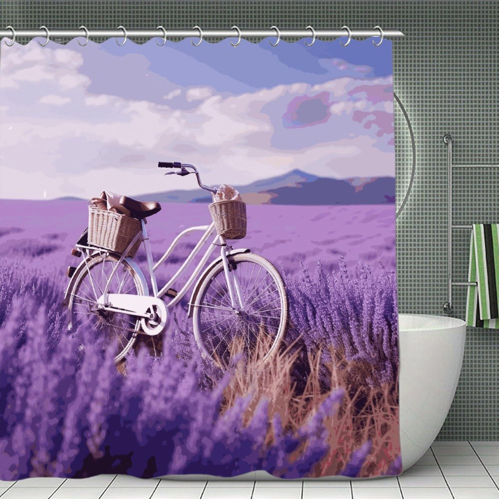 VstaDank Lavender Field Bike Shower Curtain Light-Weight Blackout Bathroom Curtain Washable Shower Liner 71x71 Inch Bath Curtain with Metal Holes Bathtub Bath Room