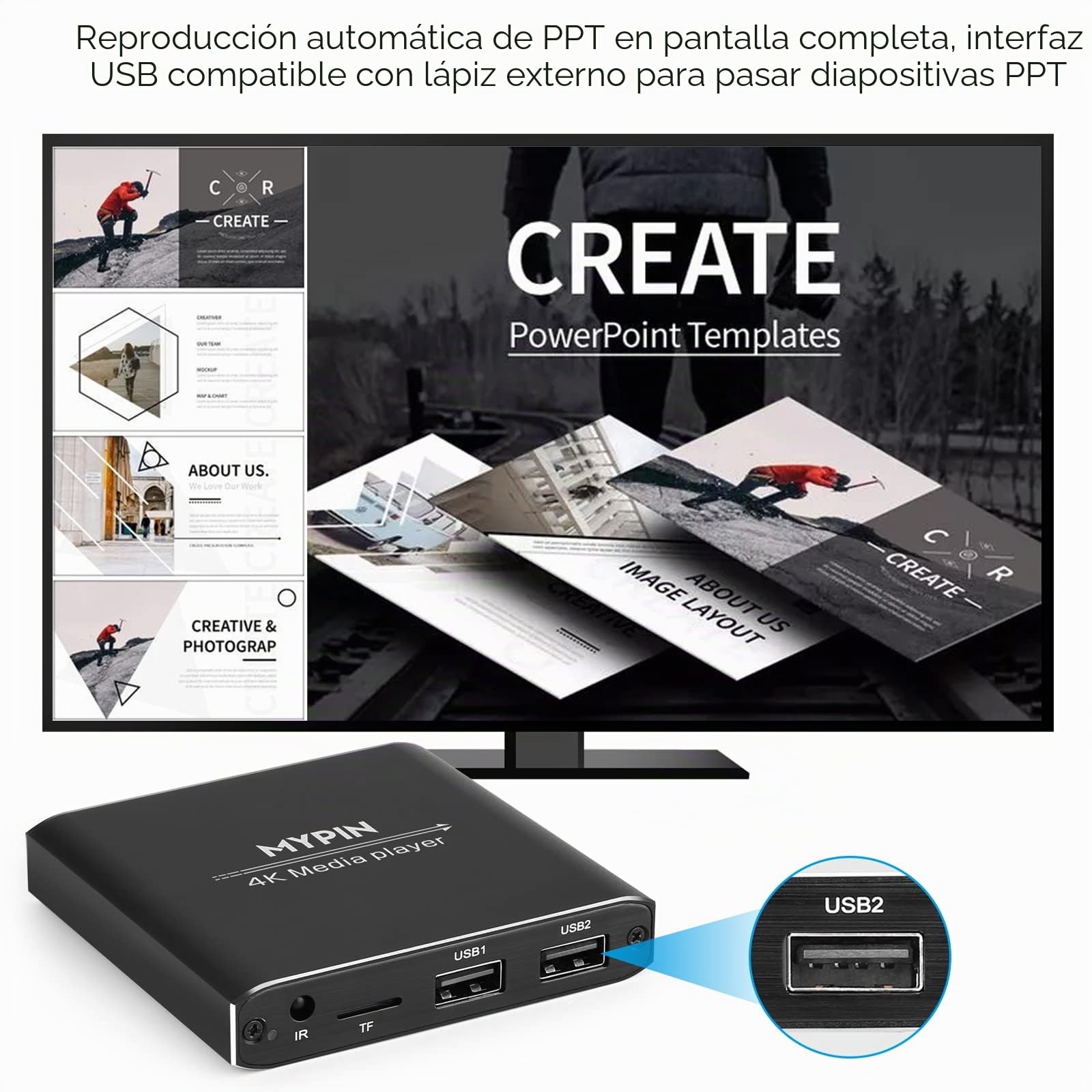 Reproductor Multimedia 4K, MYPIN Media Player con Control Remoto para Disco Duro de 8TB/Unidad USB/Tarjeta TF/H.265 MP4 PPT MKV AVI Admite Salida HDMI/AV/Coaxial-HDMI hasta Sonido Envolvente 7.1