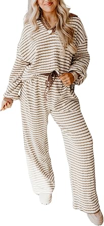 KevaMolly Womens Lounge Sets Collared Pullover Top and Drawstring Pant Set Casual Colorblock Striped Two Piece Sets