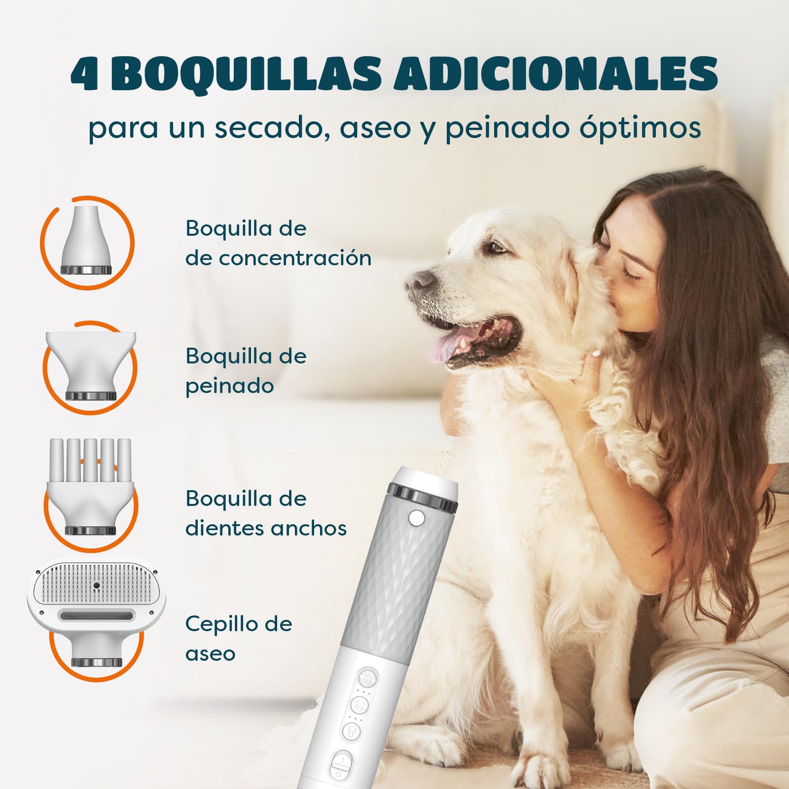 Secador de pelo para perros 5 en 1 con boquillas, cepillo resbaladizo, control NTC, iónico