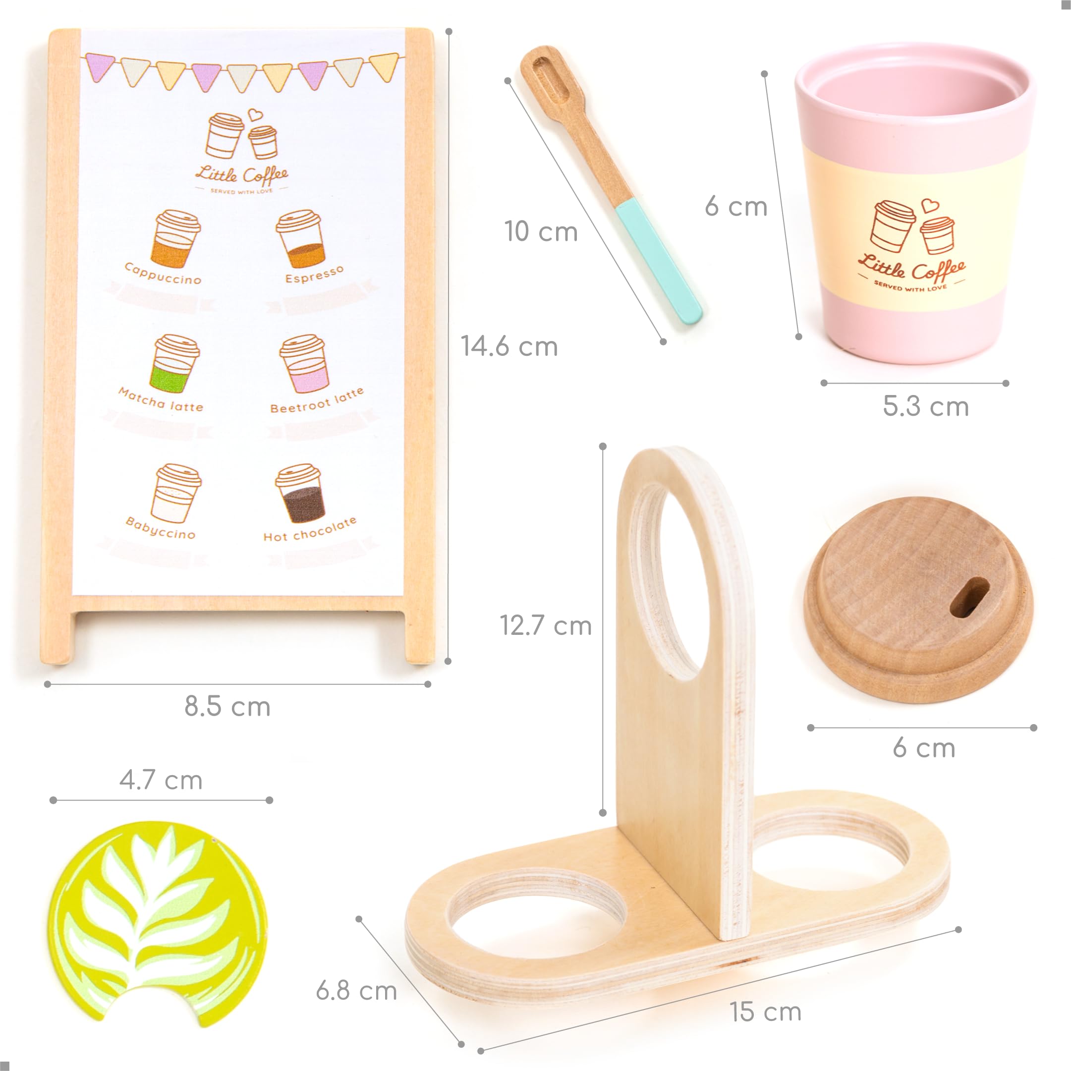 UMU® Coffee to Go zestaw do zabawy dla dzieci z drewna – akcesoria kuchenne dla dzieci w zestawie z tablicą sprzedażową, serwis do kawy do odgrywania ról, 15-częściowy zestaw drewnianych zabawek dla