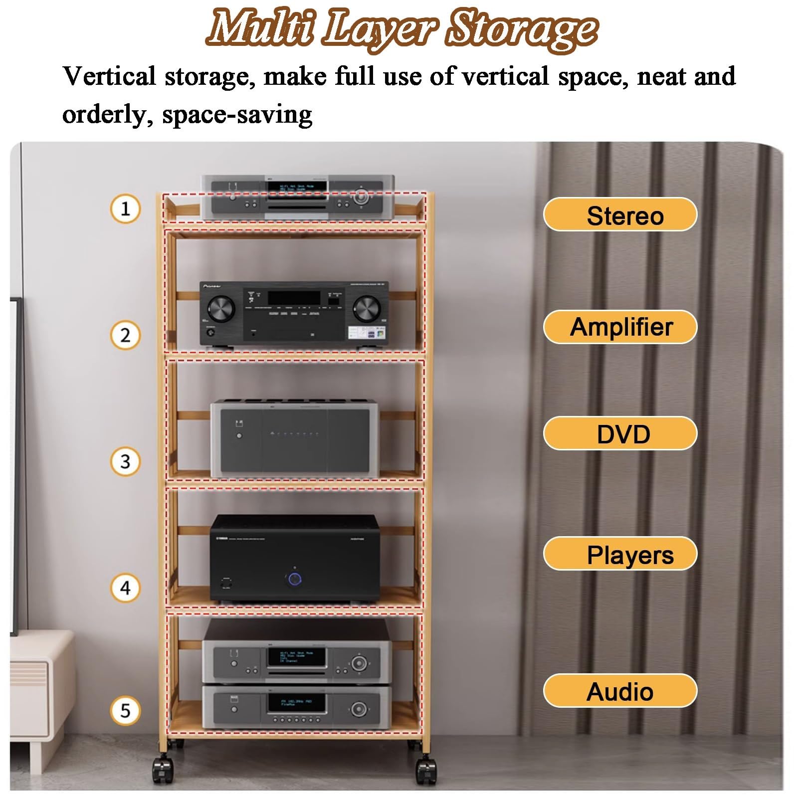 Regał HiFi Regał AV - Bambusowy medalion z kółkami do kina domowego - 2/3/4/5 warstw - Stylowy organizer na sprzęt AV - szerokość 50 cm - idealny do systemów rozrywkowych