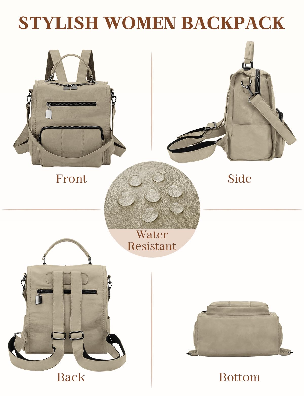 RAVUO Rucksack Damen Klein,Elegant PU Leder Rucksackhandtaschen Wasserdicht Cityrucksack für Freizeit Reisen Schule Arbeit Beige