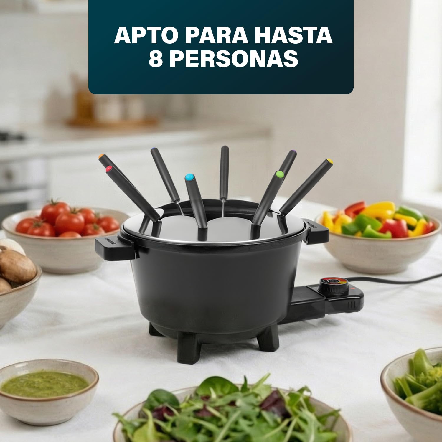 Princess Set de Fondue Negro, Capacidad 1,5L, Termostato Ajustable, Recubrimiento Cerámico, 8 Tenedores Inox, Asas Frías, 800W, Base Antideslizante, 01.173110.01.001