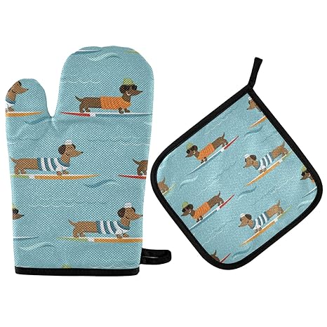 Exnundod Summer Dachshund Dogs Oven Mitts and Pot Holders Set Beach Blue Hot Pads&Gloves 2PCS Potholders for Spring Seasonal Kitchen Cooking Baking BBQ