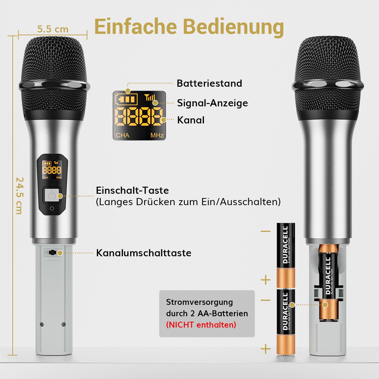 TONOR UHF Funkmikrofon Set, professionelles dynamisches Drahtlos-Doppelmikrofonsystem mit 2 Handmikrofonen, Karaoke-Set für Party, DJ, Kirche & Hochzeit, bis zu 60 m Reichweite, TW820, Silber