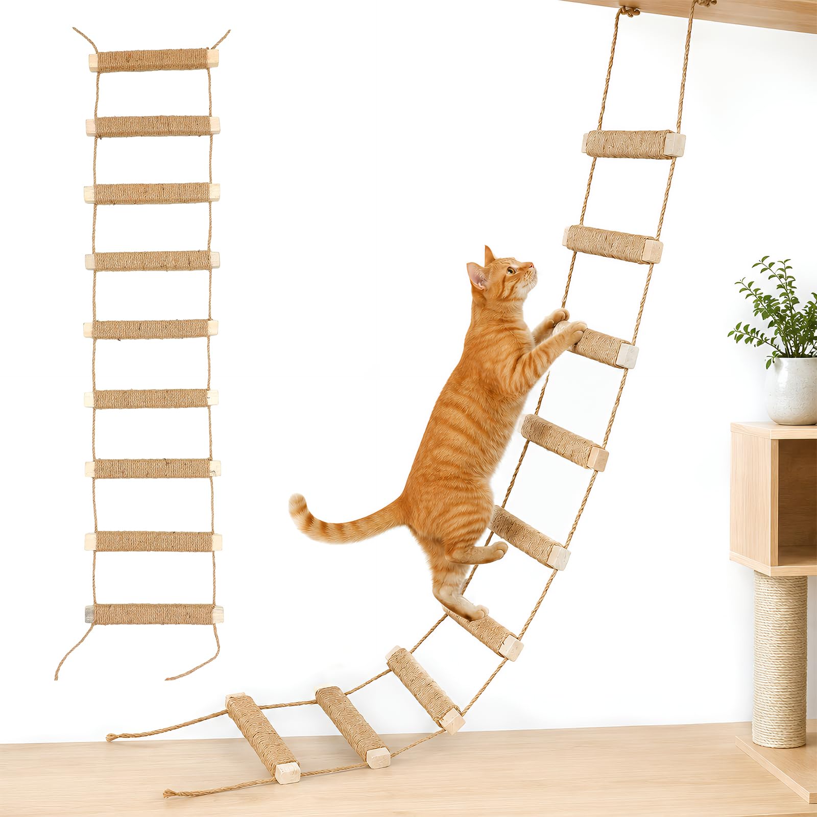 Cat Wall Bridge with Sisal Scratching Post, 3-in-1 Wall Mounted Cat Ladder and Climbing Shelf for Indoor Cats, Sturdy Solid Wood & Hemp Rope Activity Center for Cats Jumping, Scratching and Resting
