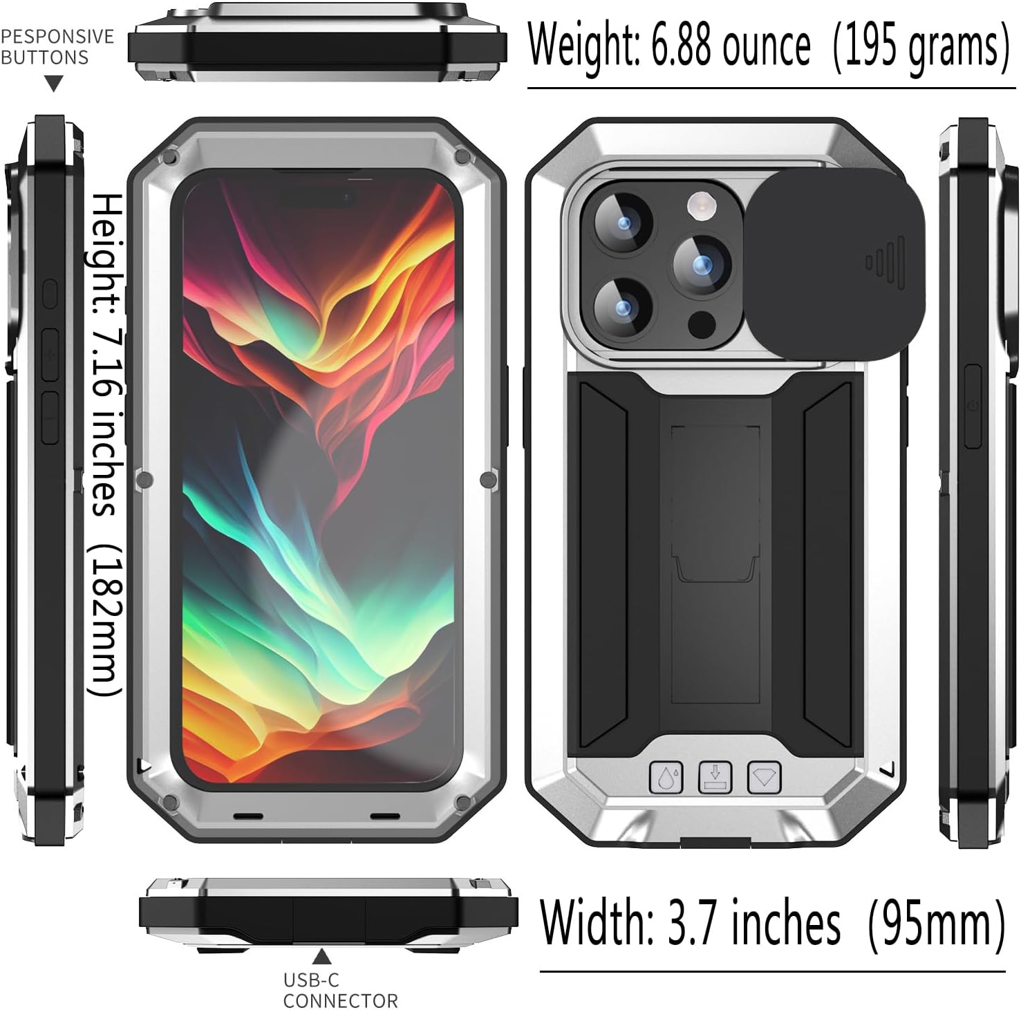 Lunivop for iPhone 15 Pro Max Case Heavy Duty Protection Rugged Screw Full Body Military Grade Metal Rubber with Stand Hard Built in Screen Protector Phone for iPhone 15 ProMax Case Silver
