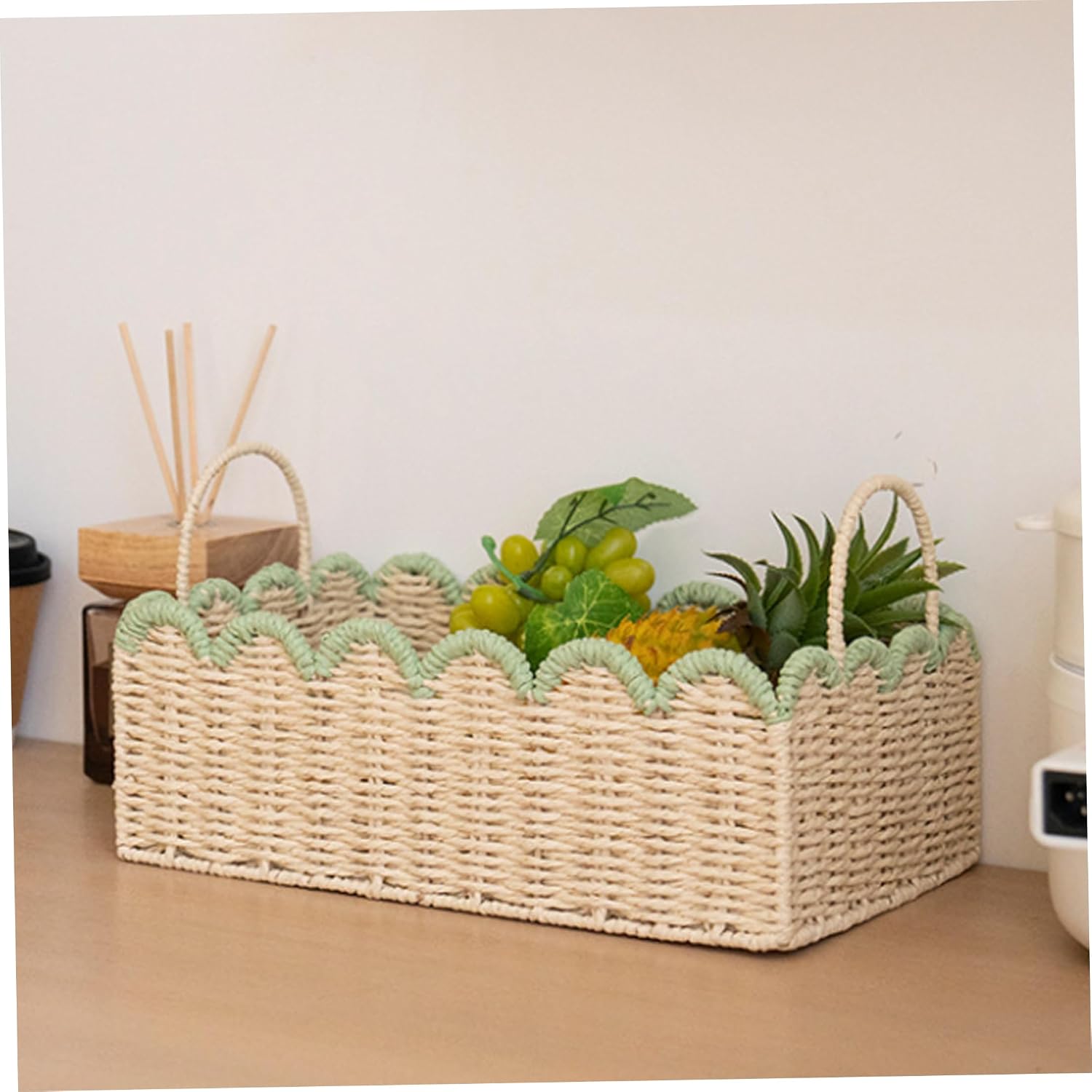 Woven Rattan Basket with Handle Scalloped Rattan Storage Basket, 15x9x5in