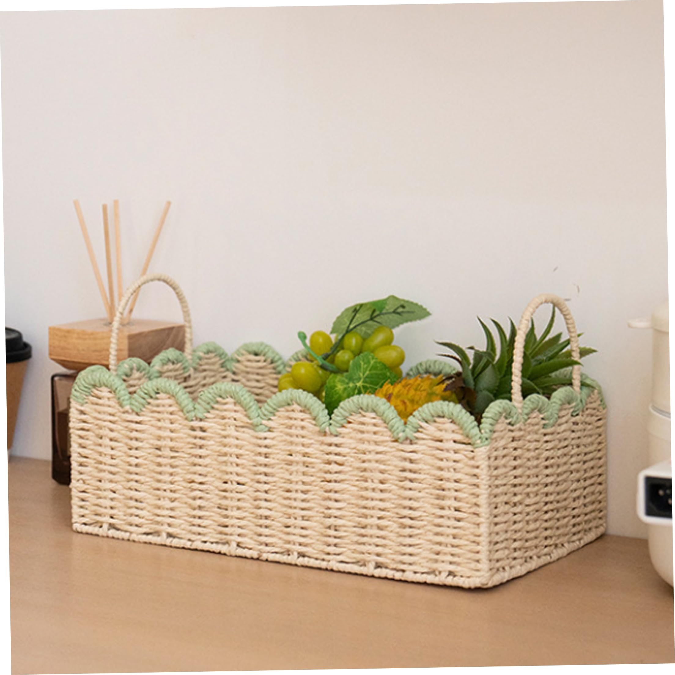 Cestino in vimini con manico Cestino intrecciato smerlato, 15x9x5 pollici