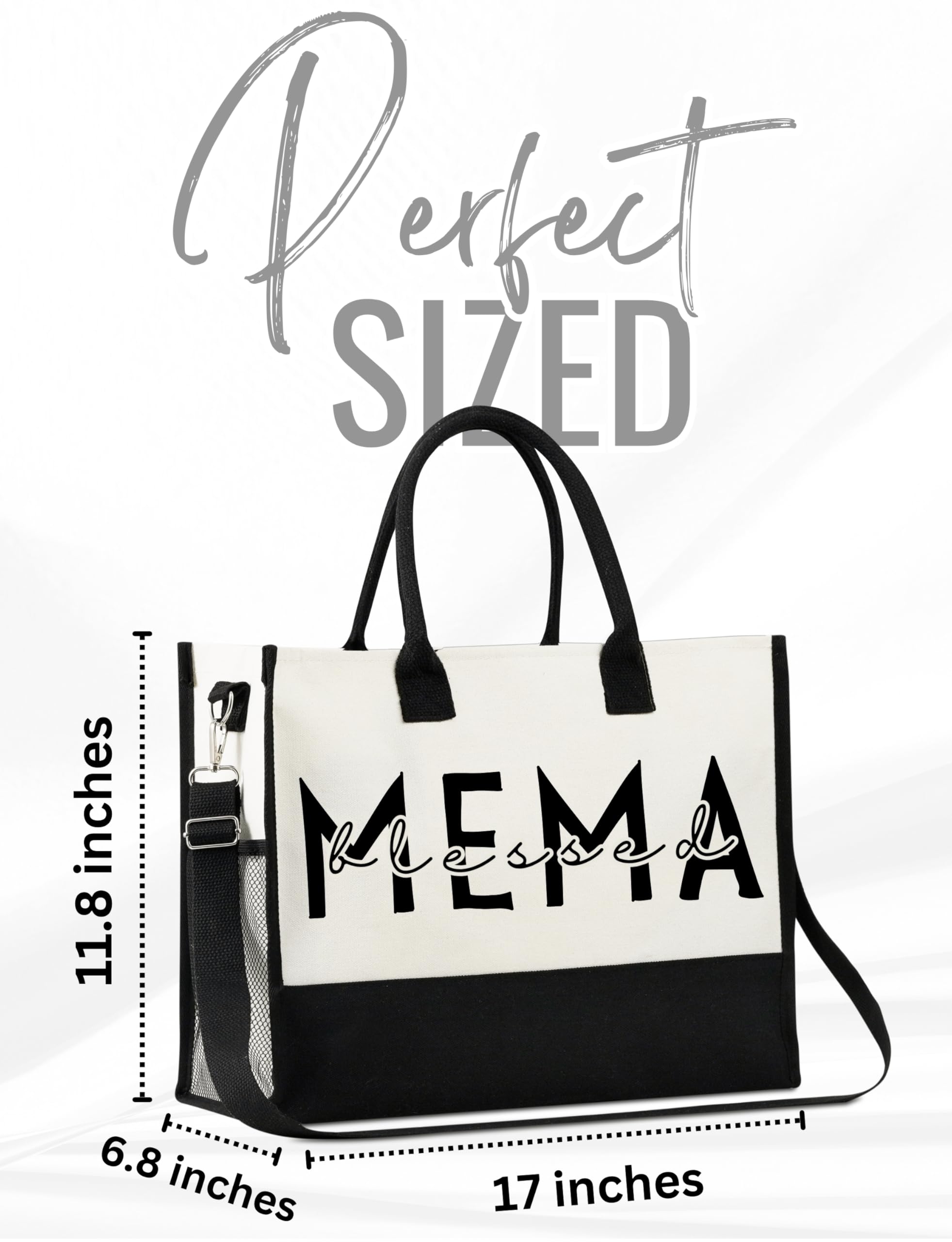 InnoBeta Mema Gifts for Grandma, Canvas Tote Bag on Christmas or Birthday & Mother's Day, Tote with Top Zipper Closure and Shoulder Strap - Blessed Mema