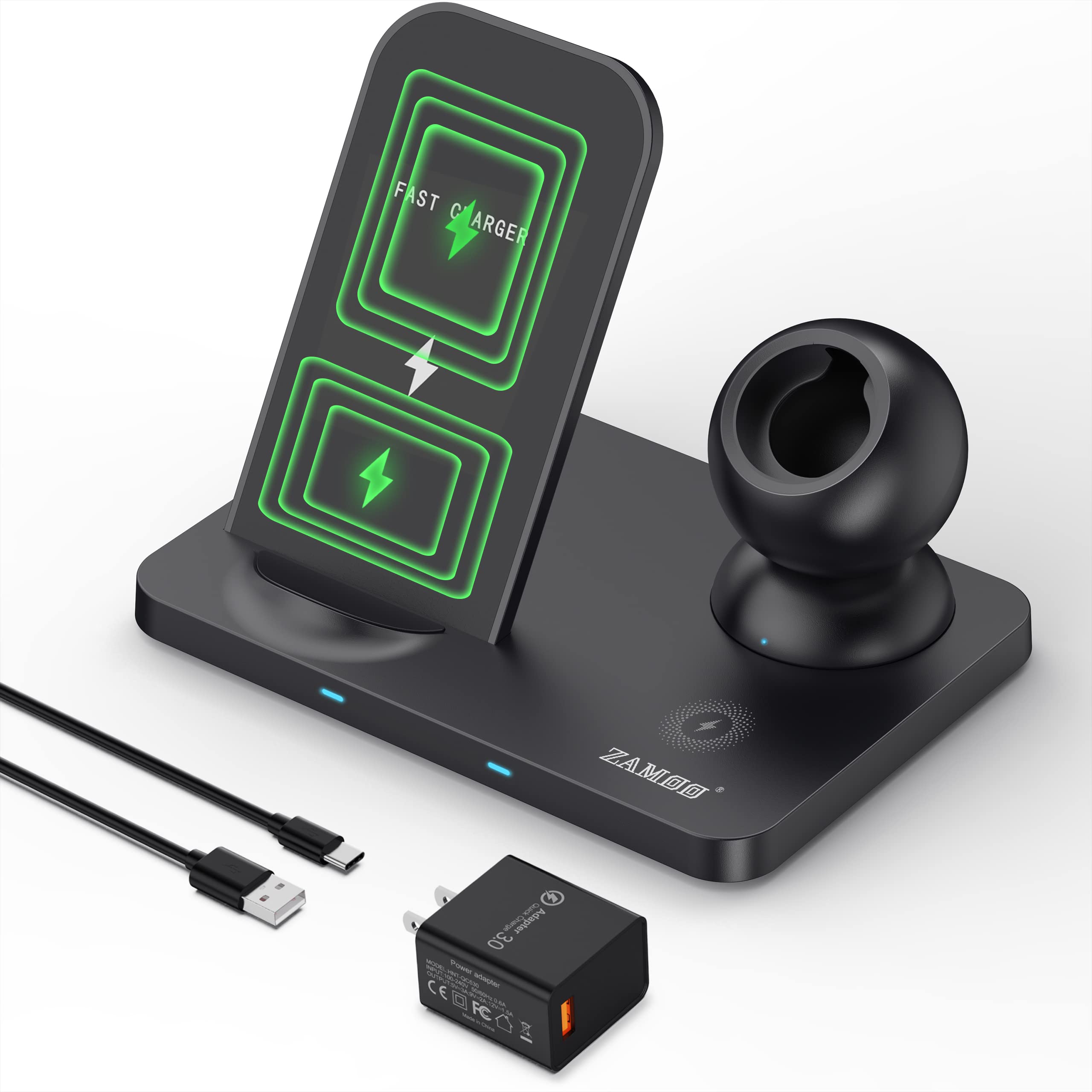 Photo 1 of Wireless Charging Station, 3 in 1 Wireless Charger, 18W Fast Charger Stand for iPhone 13/12/11/Pro/Max/XR/XS/X, Apple Watch 7/6/SE/5/4/3/2/1, AirPods Pro/3/2, Adapter and Cable Included