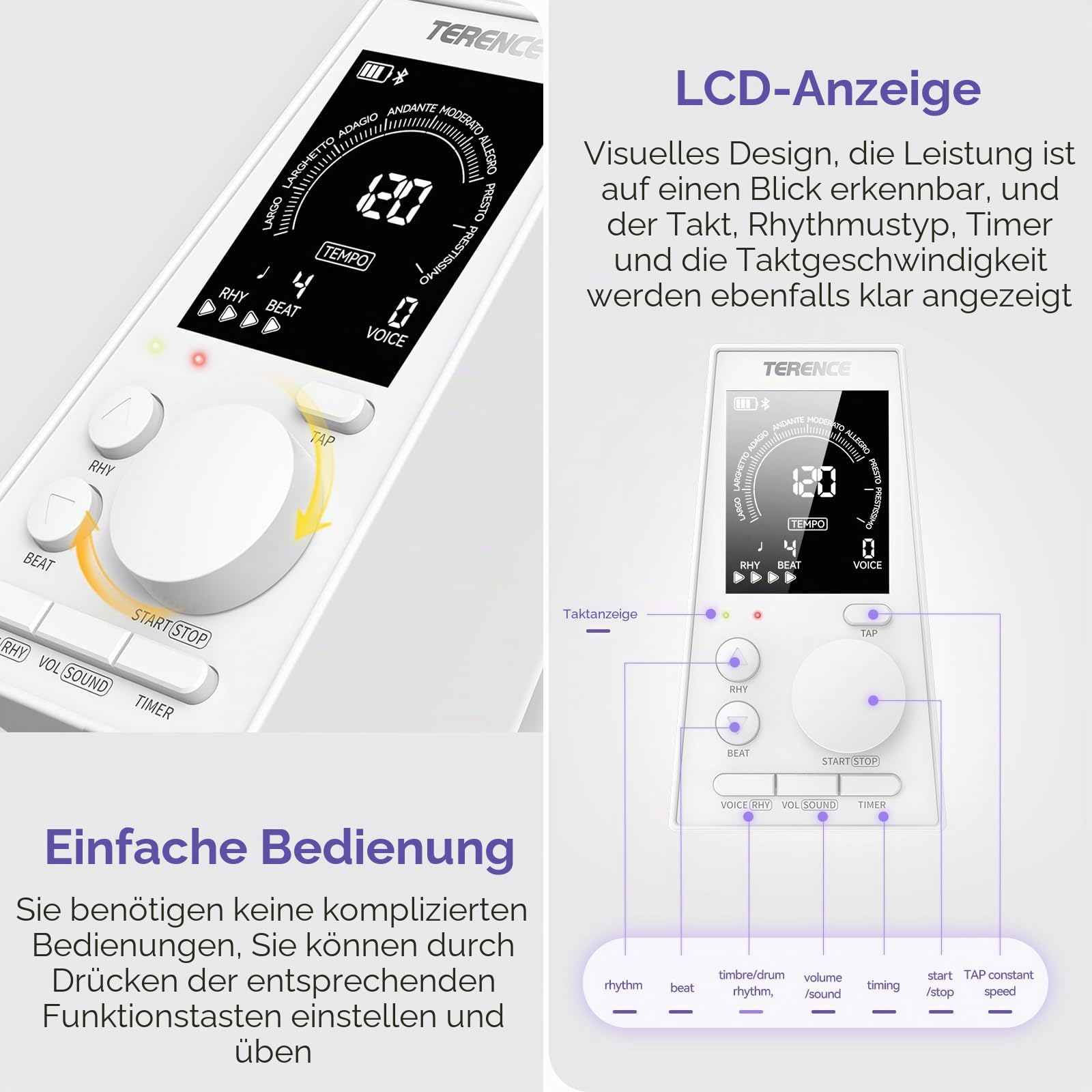 TERENCE Digitales Metronom Piano Gitarre Bass Eukliri Instrument Elektronisches Metronom mit Lautsprecher LCD Monitor Lautstärke Tempo einstellbar Timerfunktion wiederaufladbar 30-252bpm weiß