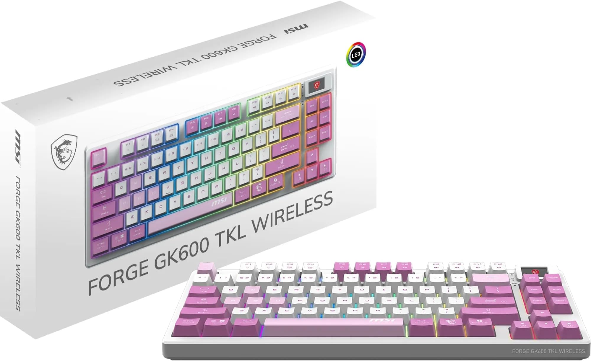 MSI FORGE GK600 TKL WIRELESS VIOLET, QWERTY, UK Layout - MECHANICAL LINEAR SWITCHES - Dye-Sublimated PBT Keycaps, Anti-slip Base, RGB LED, USB 2.0, Bluetooth, 2.4 GHz - Tenkeyless