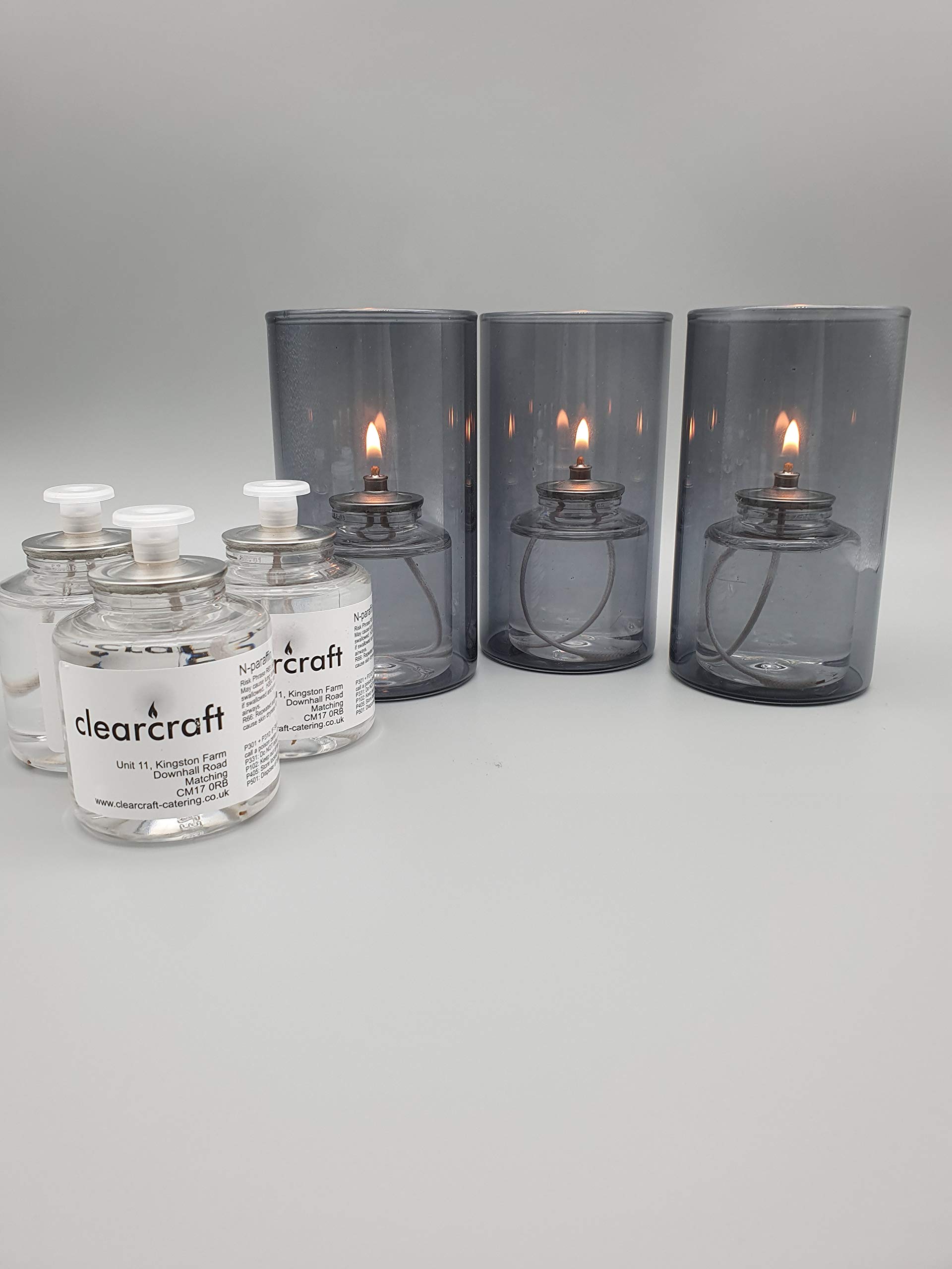 CLEARCRAFT 3 x Indoor Or Garden Oil Candle Burner Shades With 6 x 24 Hour Burning Time Smokeless, Odourless Liquid Wax Candles (Grey)