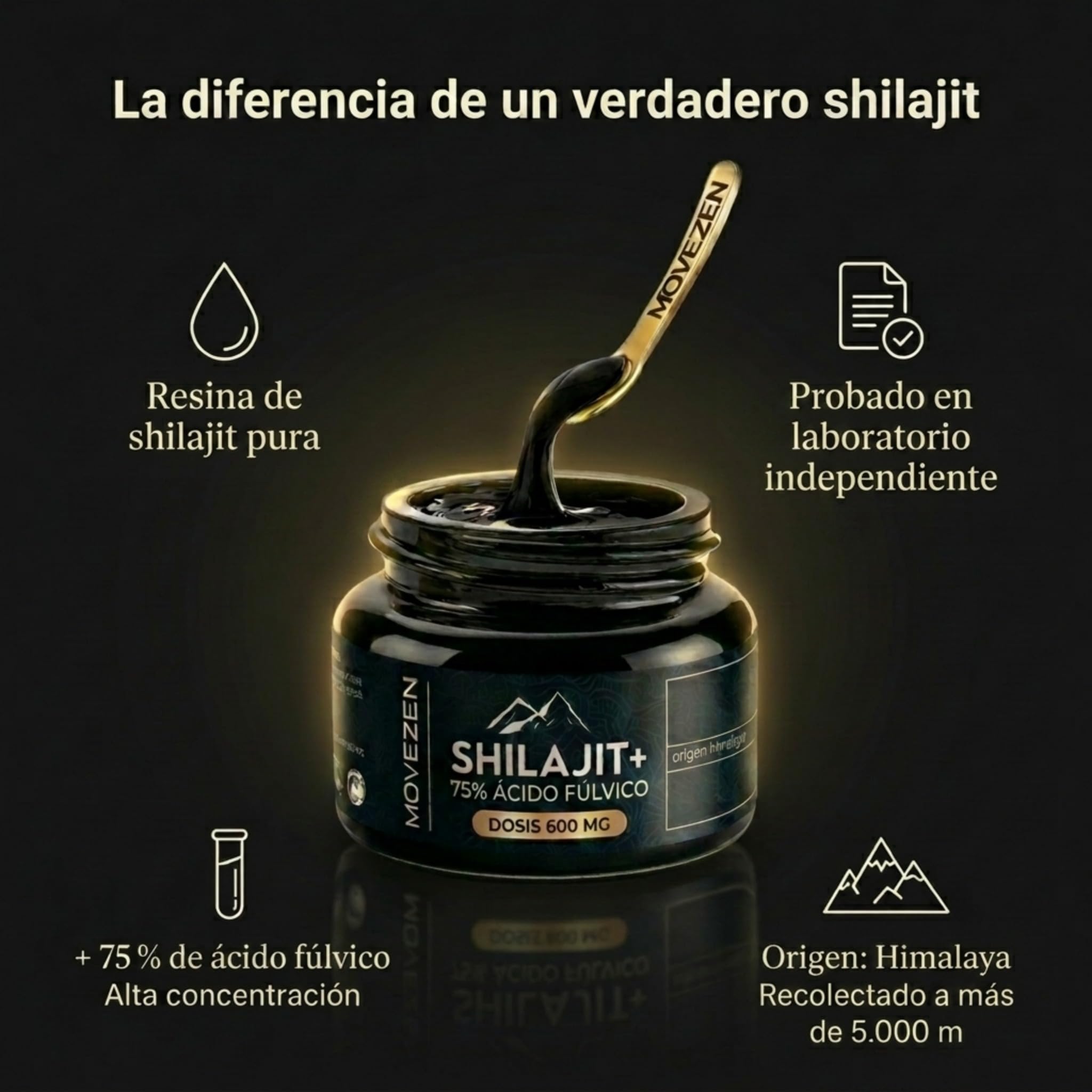 Shilajit+ MOVEZEN 30 g, resina de Shilajit puro (mumijo), ≥75% ácido fúlvico probado por Eurofins, Himalaya 5000 m, rico en 85 minerales, sin aditivos, 50 días, Halal, cuchara incluida