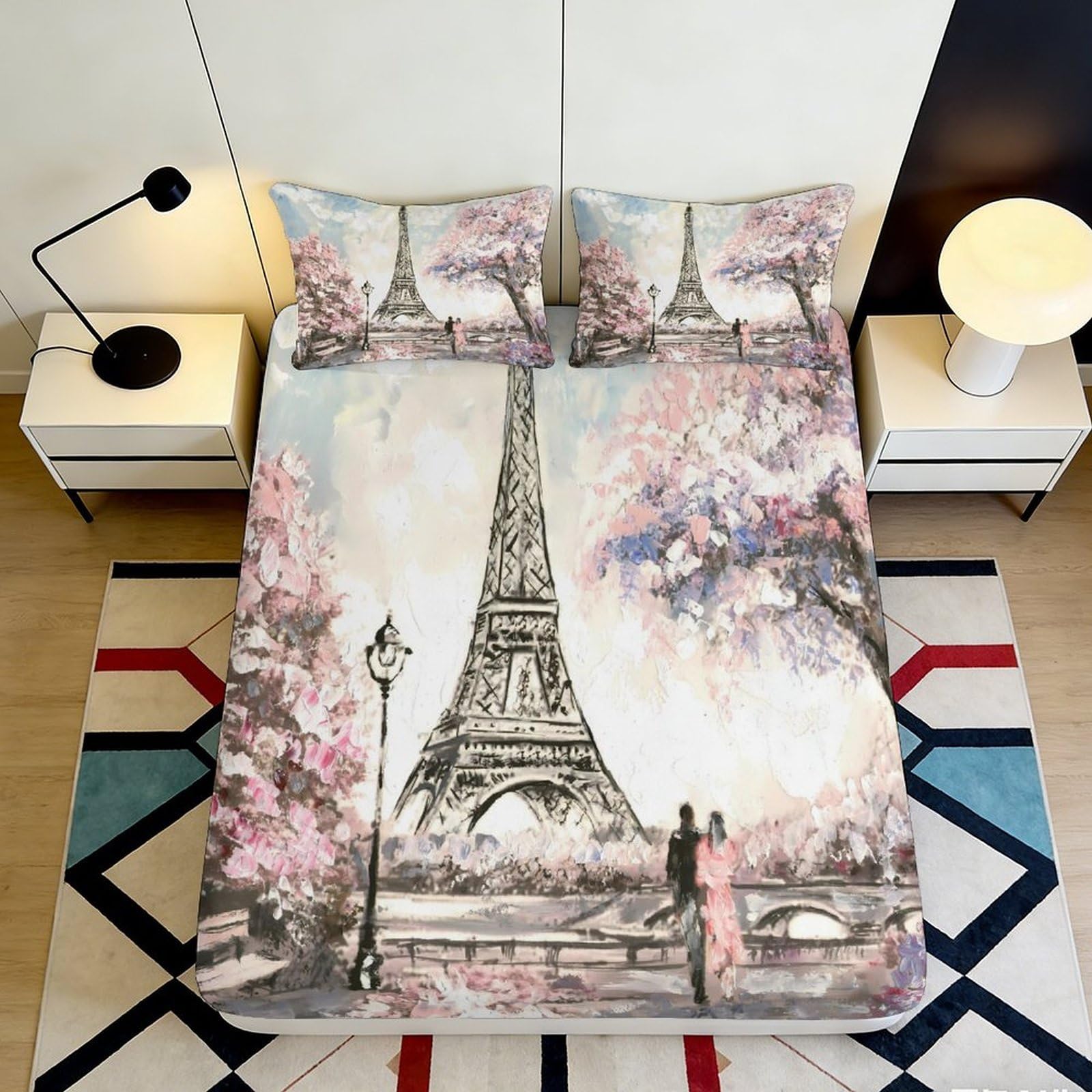 3D Printed Eiffel Tower Blossom Fitted Sheet Microfiber Soft Anti-Slip Paris Romantic Bed Cover for Bedroom Guestroom Decor 90x200x25cm