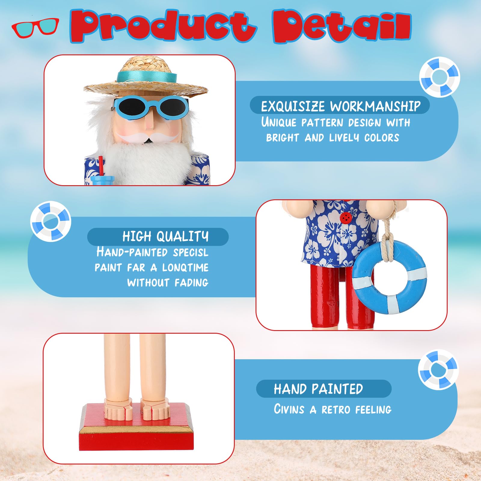 RattanView 38,1 cm großer Nussknacker aus Holz, Sommer, Hawaii, Surfer, Weihnachtsmann, Nussknacker-Figuren, groß, Strand, Weihnachten, Tischdekoration, Festival-Regale, Dekorationen