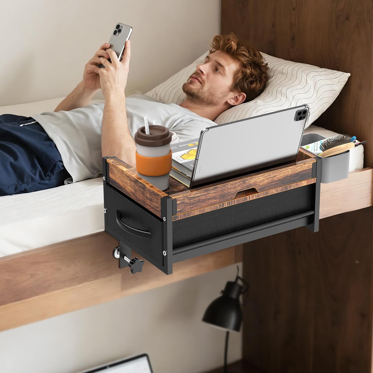 Bedside Shelf for Bunk Bed, 2 Tier Clip On Bed Shelf with Drawer & Cable Management, Under Mattress Bedside Shelf for Dorm Room, Loft Frame, College Dorm Essentials, Back to School (Brown)