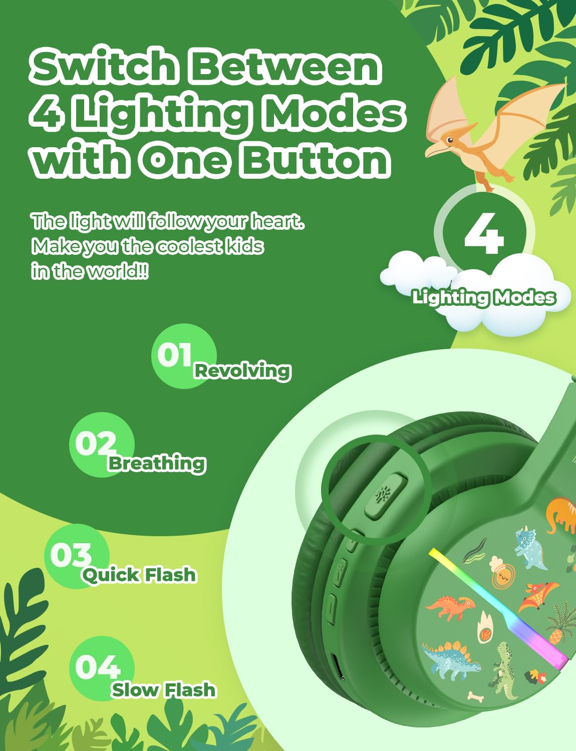 iClever BTH12 - Cuffie Bluetooth per bambini, con luci LED colorate, senza fili, volume sicuro 74/85 dBA, 85 ore di riproduzione, Bluetooth 5.2, microfono integrato per iPad/tablet/aereo