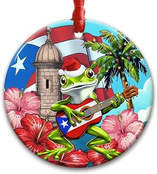 Puerto Rican Christmas Ornament - Funny Coqui Frog with Santa Hat Playing Guitar Holiday Decor, Tropical Tree Decoration, Cute Ethnic Ornament Gift, Puerto Rico Souvenir
