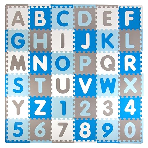 Tadpoles Foam Playmats for Kids, 36 Interlocking Tiles Teach the ABCs and Numbers 0-9, Total Floor Coverage 74” x 74” (36 Sq Ft), For Ages 3 and Up, Colors: Blue/Grey - 60 Count (Pack of 1) - ABC - Blue/Grey