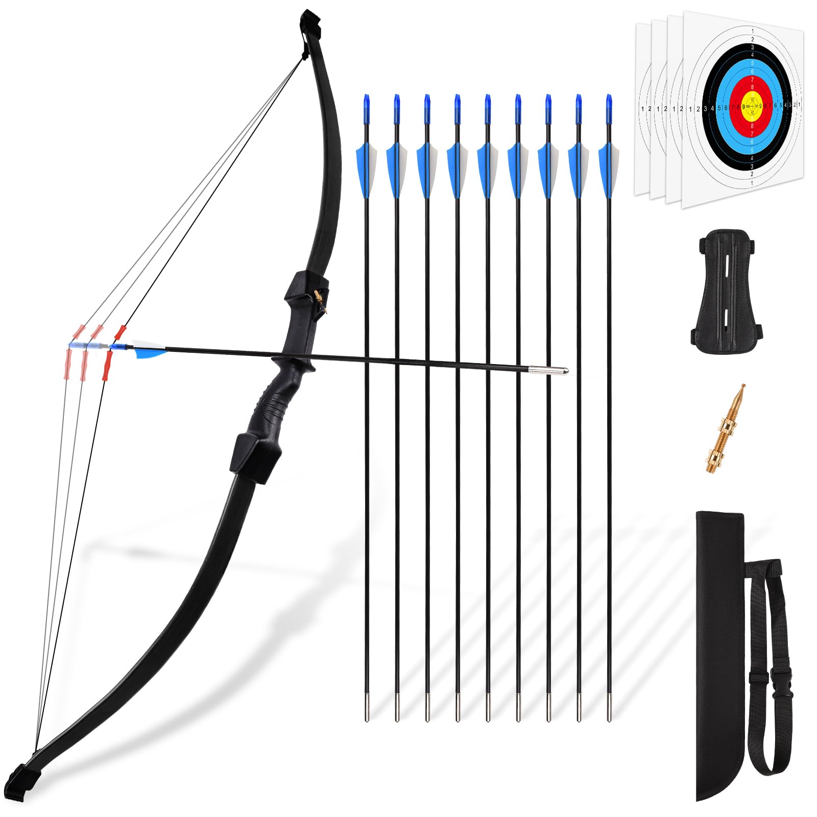 Bow and Arrow Set for Kids Youth Bow Set, 45" Archery Bow and Arrows for Teens Kids with 1 Bow 9 Arrows 4 Target Face 1 Arm Guard 1 Quiver 1 Sight Pin, Long Bow Archery Set - Gift for Beginner Archers