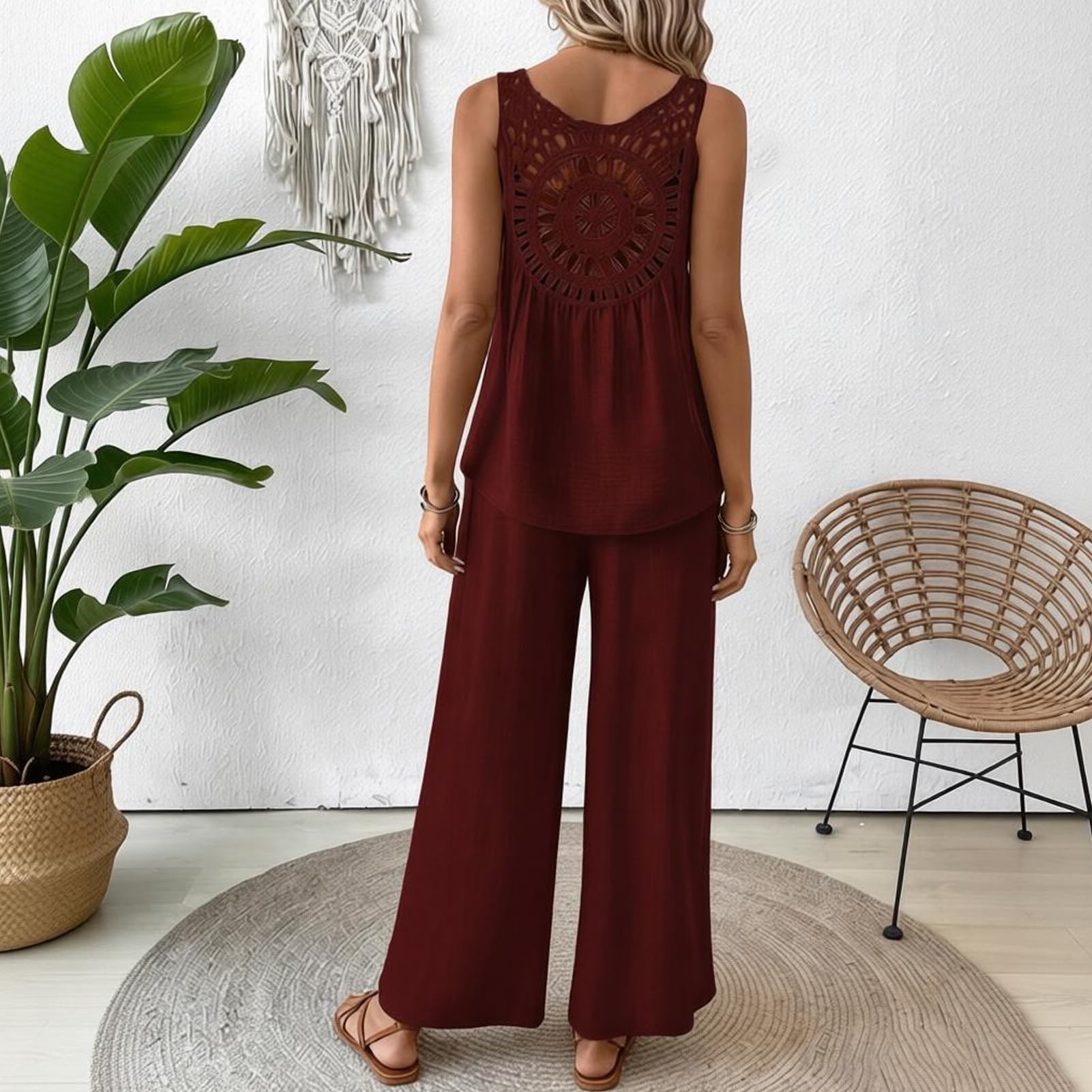 Damskie letnie 2-częściowe stroje bez rękawów Hollow Back Top i spodnie z szerokimi nogawkami zestaw boho plaża wakacje salon zestaw