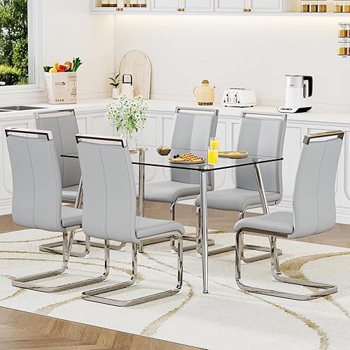 Miniatura 27 de Ebullient Juego de mesa de comedor de cristal para 4, juego de 5 piezas con 4 sillas de comedor de piel sintética negra, mesa de vidrio templado de