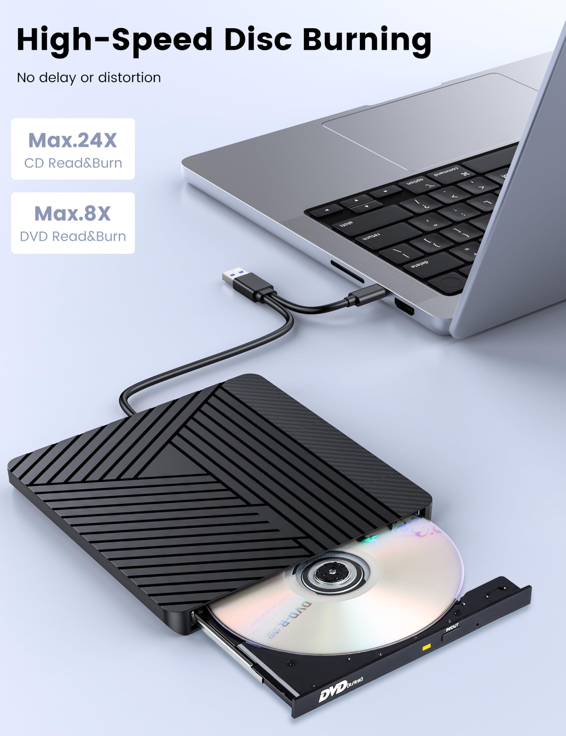 MOSWAG CD DVD Drive Esterno, USB 3.0 e USB C CD/DVD Burner +/-RW Unità Ottica, DVD Sottile Portatile CD ROM Riscrittore Scrittore Duplicatore per Desktop, Windows 11/10 PC MacBook Pro Linux PC