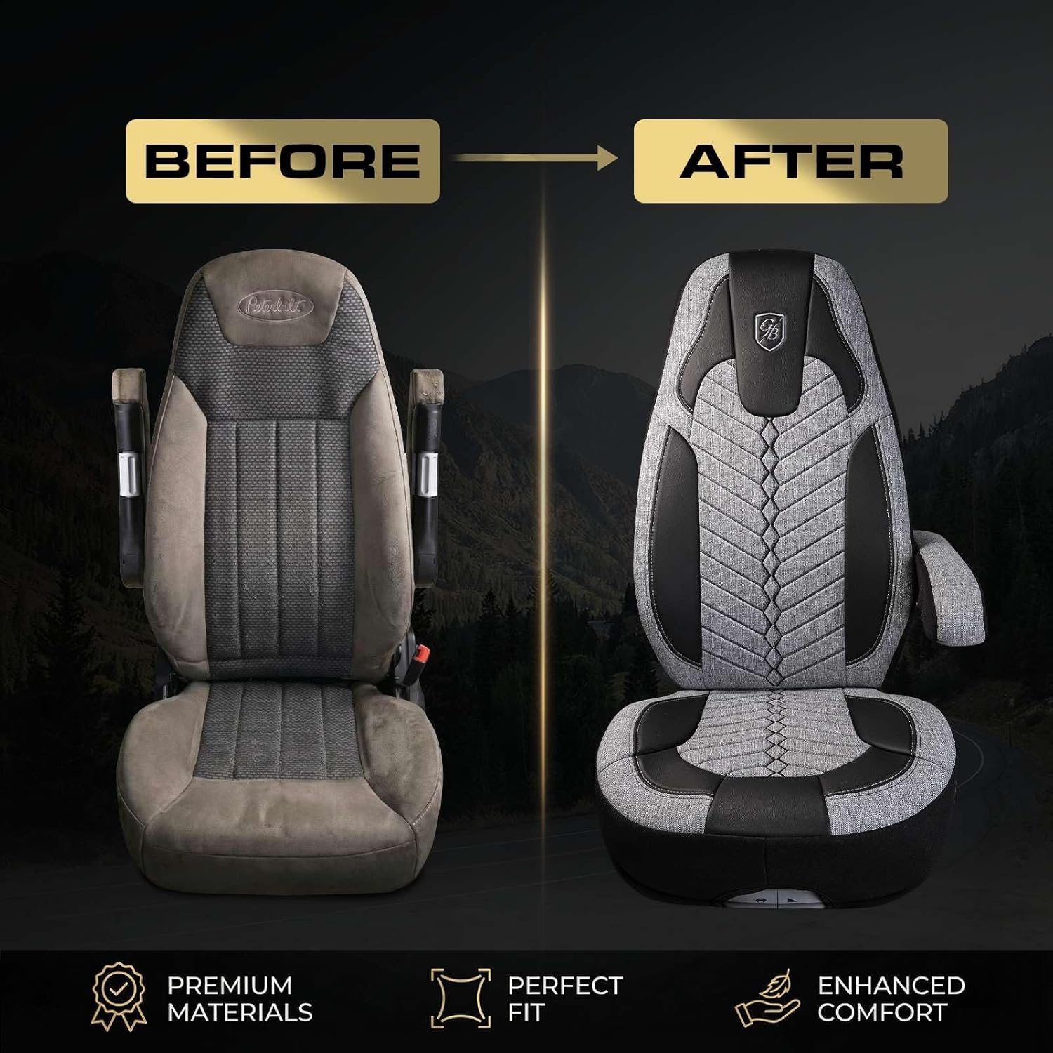 Custom Fit Truck Seat Cover for Peterbilt 579, 567 – Linen Fabric – Grey with Black Coloured – Includes Armrest Covers and Assebly Tool - Image 6