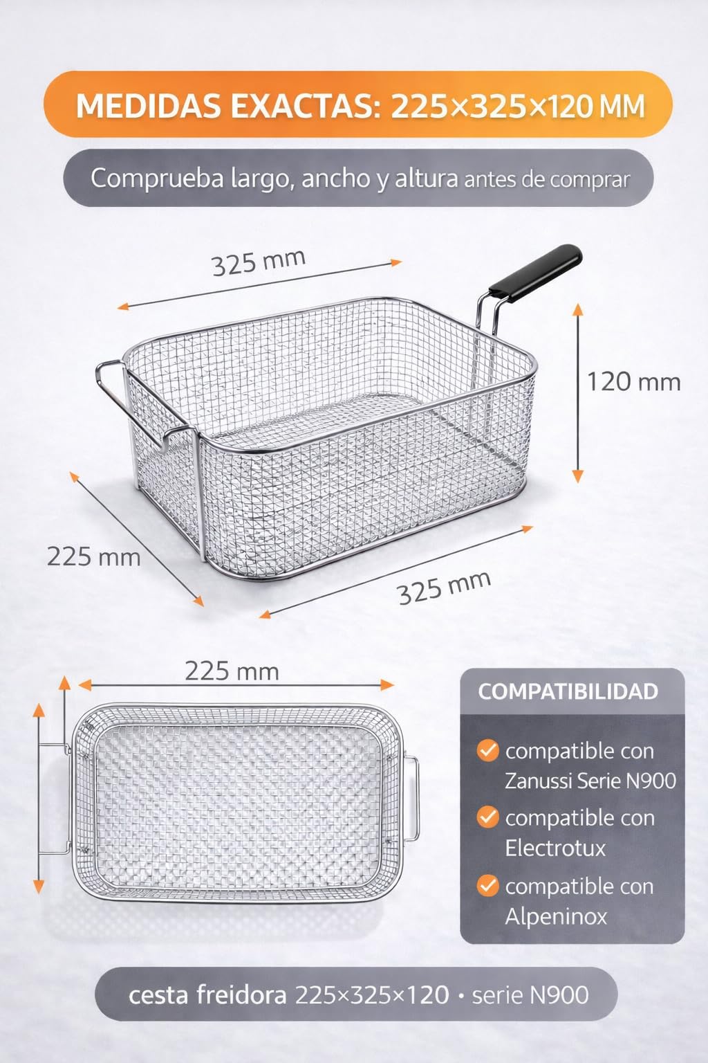 RO Linea Blanca ® Cesta Freidora 225x325x120mm Acero Cromado Recambio Profesional Compatible Con Zanussi Serie N900 Compatible Con Electrolux Compatible Con Alpeninox Repuesto Para Freidora Gas N900