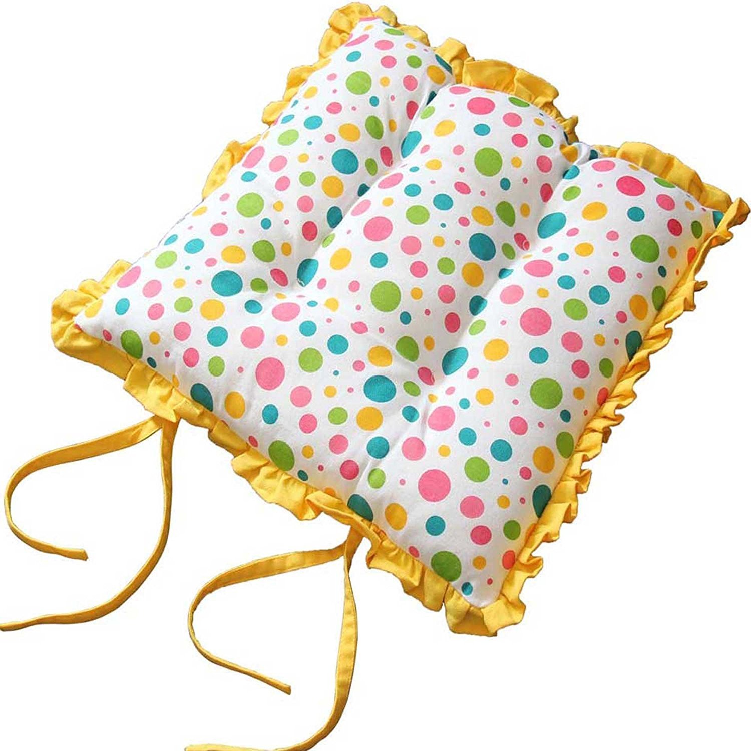 HOMESCAPES Reversible Frilled Tie-on Seat Pad 40 x 40cm Polka Dots Multi Chair Pad Cushion with Ties and Ruffles