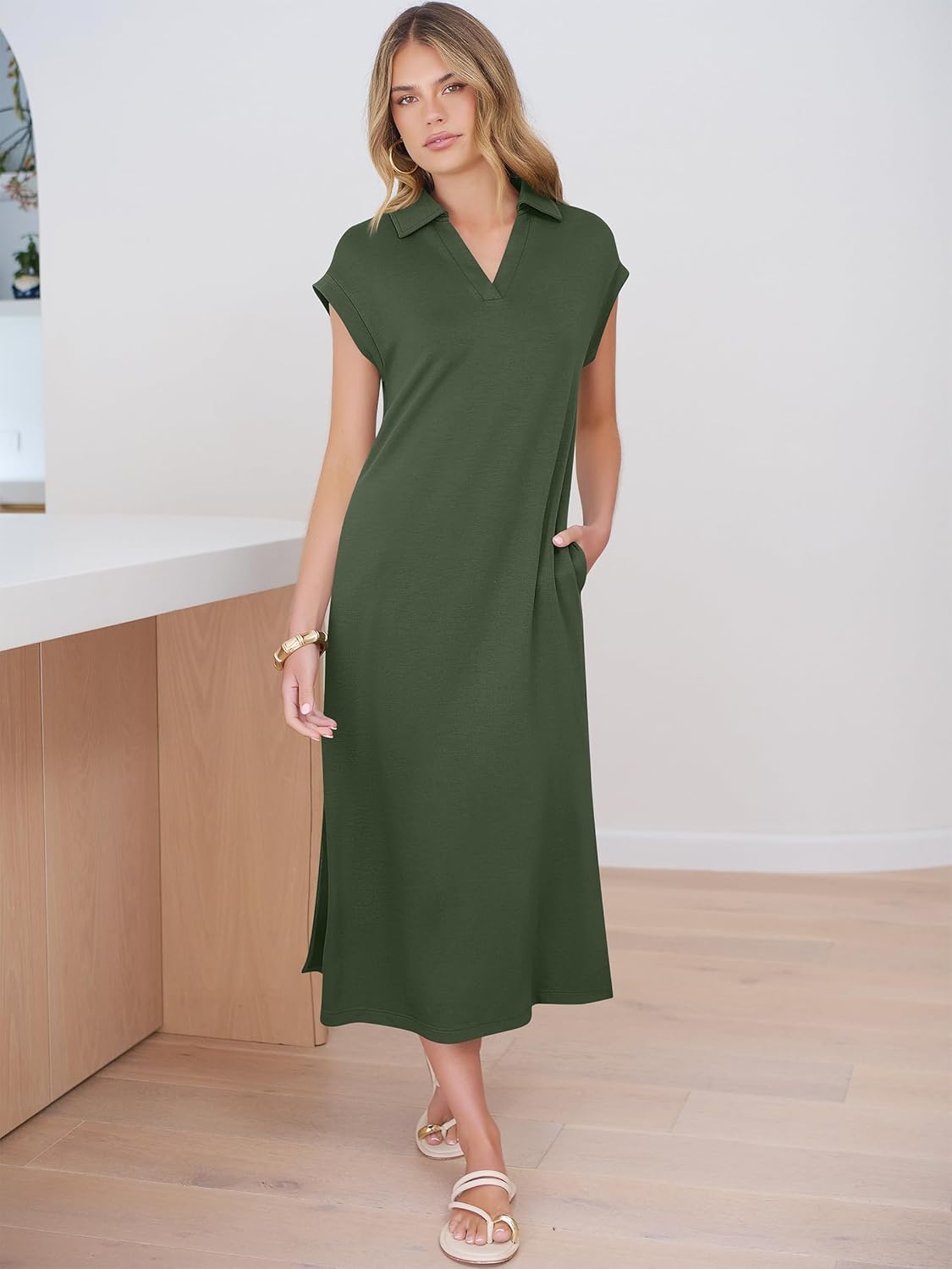 ANRABESS Womens Summer Casual Midi Dresses Short Sleeve Polo V Neck Loose Split Wrinkle-Free Beach Vacation Tshirt Maxi Dress - Image 6