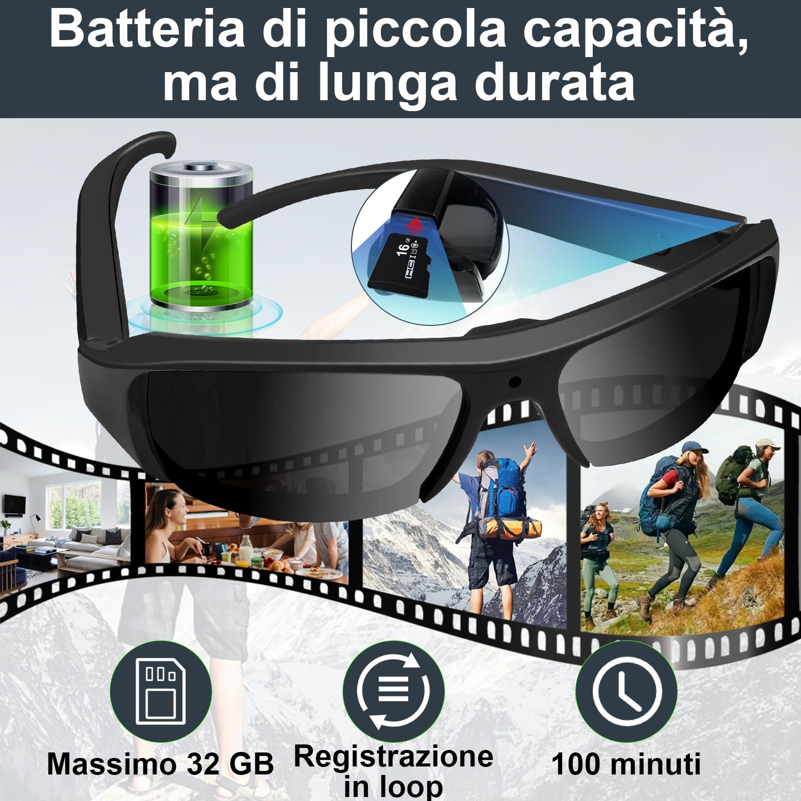 Telecamera Spia Occhiali HD 1080P, Occhiali da Sole con Fotocamera Integrata, Videocamera spia mini esterno registrazione in loop FPV Action Camera per attività all'aperto, 2 ore