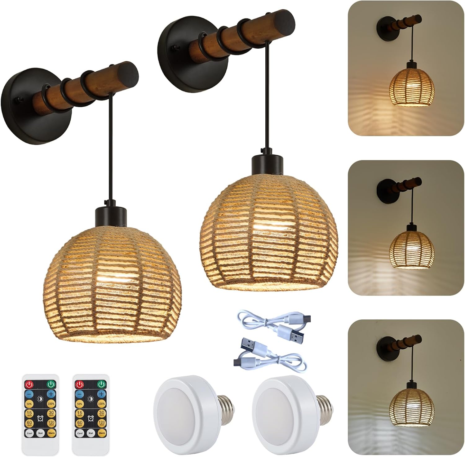 SGLfarmty Battery Operated Wall Sconces Set of 2, Farmhouse Rechargeable Battery Powered Wall Light with Wooden Arm & Remote Control, 3 Colors Dimmable Hemp Rope Wall Lamps for Bedroom, Living Room