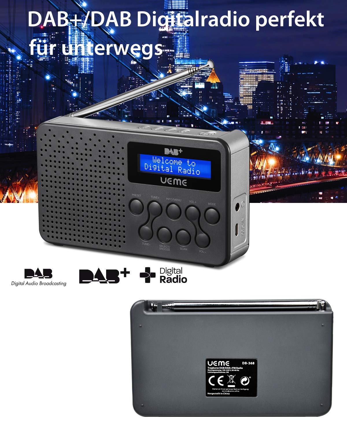 Digitalradio Klein & Tragbar – DAB+/DAB/FM | 3W Lautsprecher mit Verbessertem Bass | 2600mAh Akku+18 Stunden Spielzeit | 20 Senderspeicher+ Radiowecker| für Outdoor & Zuhause(Grau/Silber)