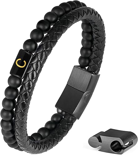 Pulseras de cuero para hombre Cuero auténtico de primera calidad con piedra de lava natural mate ágata ajustable, acero inoxidable, cierre